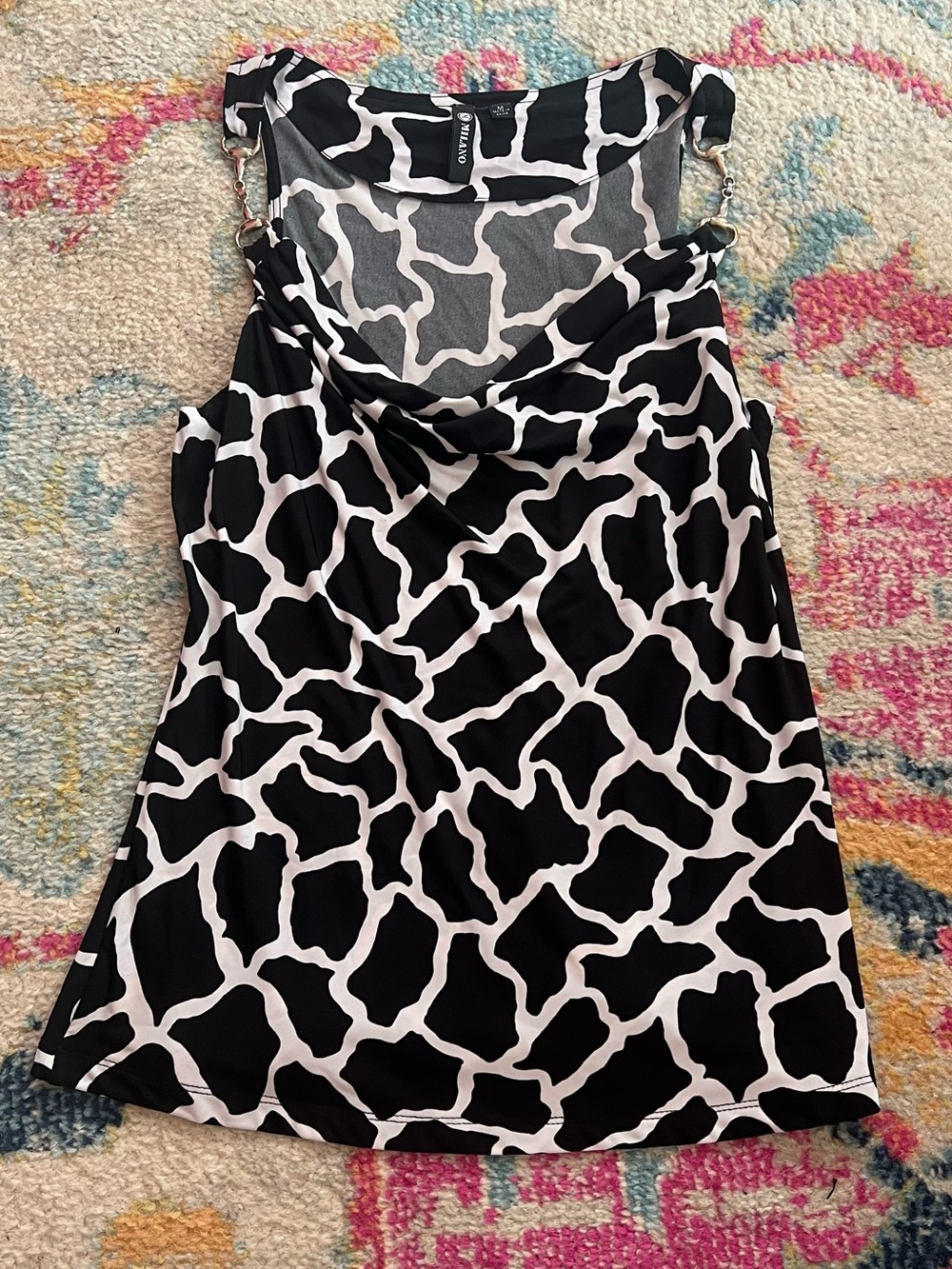Milano black and white giraffe print cowl neck tank